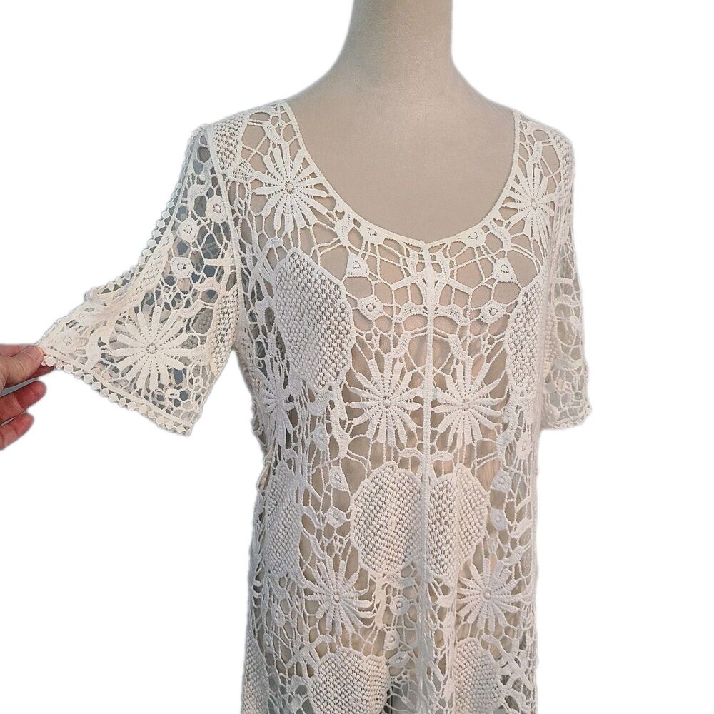 SOHO Jeans NY & Co Crochet Lace Top L White Cotton Boho Festival Coquette Sheer
